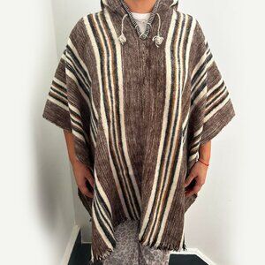 Hooded poncho with Inca design, fringed cape in beige and brown, unisex
